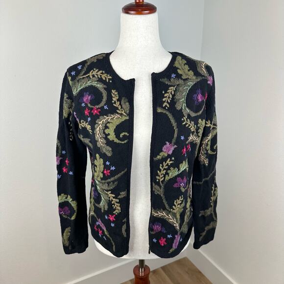 Talbots Sweater Size Small Black Floral Embroidery Grandma Artsy Full Zip - Picture 4 of 14